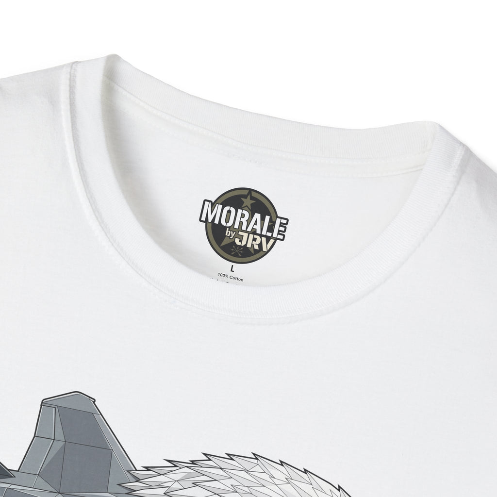 White T-Shirt neckline with Morale by JRIV logo