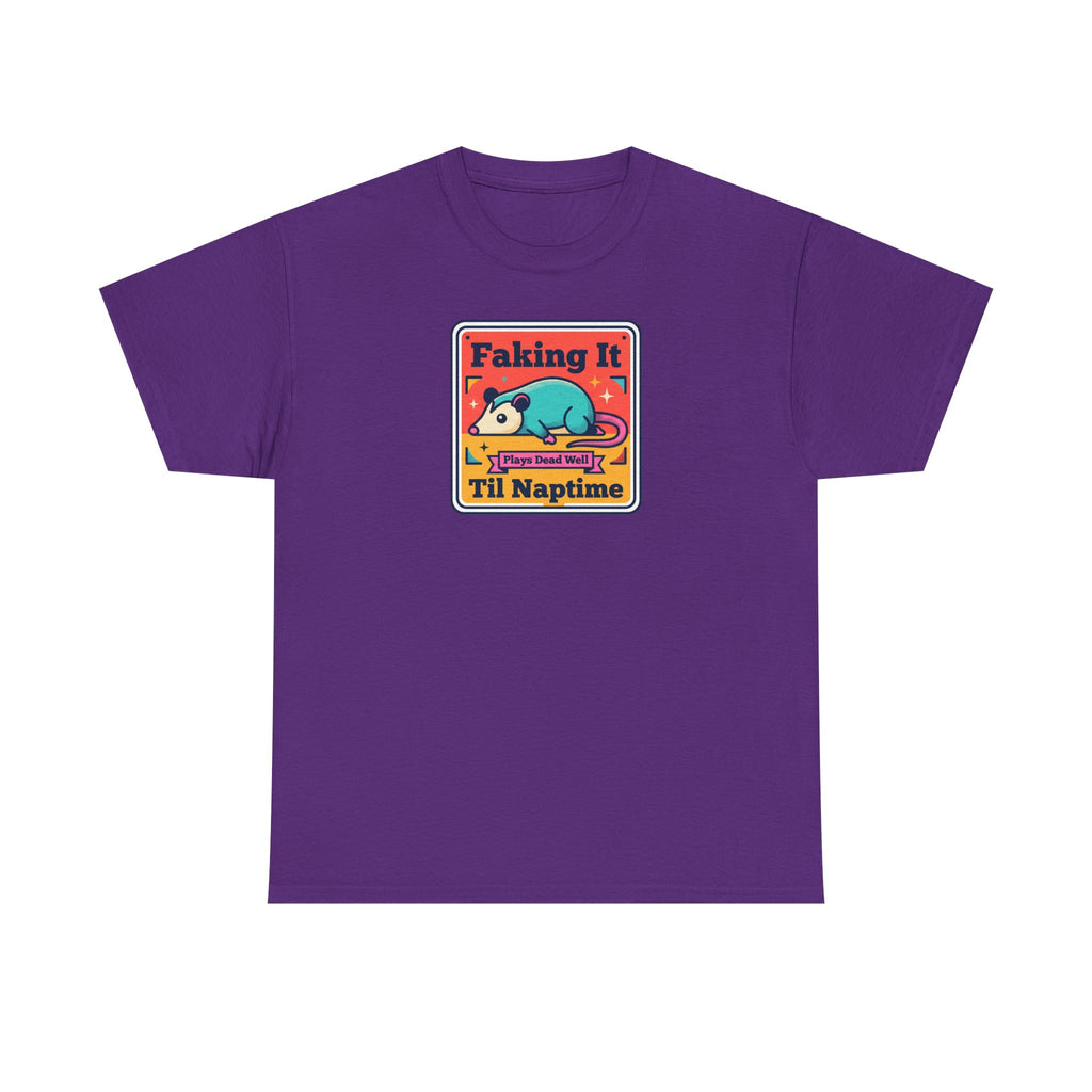 Purple T-shirt with framed “Faking It Til Naptime” sleepy panda graphic