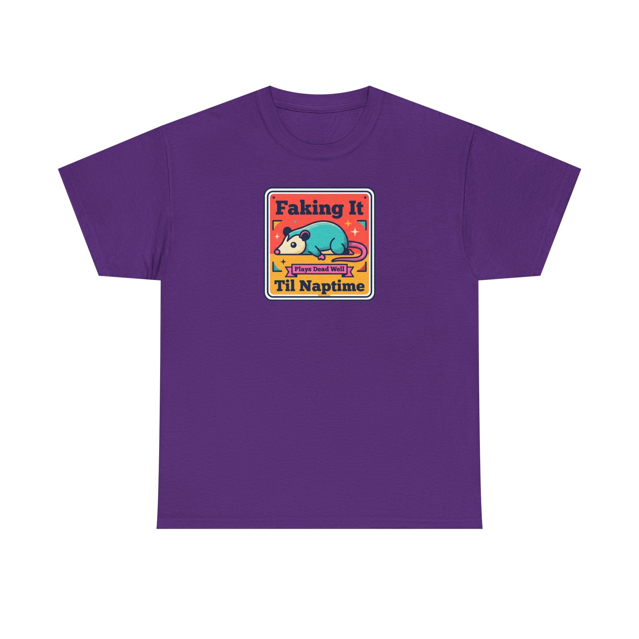 Purple T-shirt with framed “Faking It Til Naptime” sleepy panda graphic