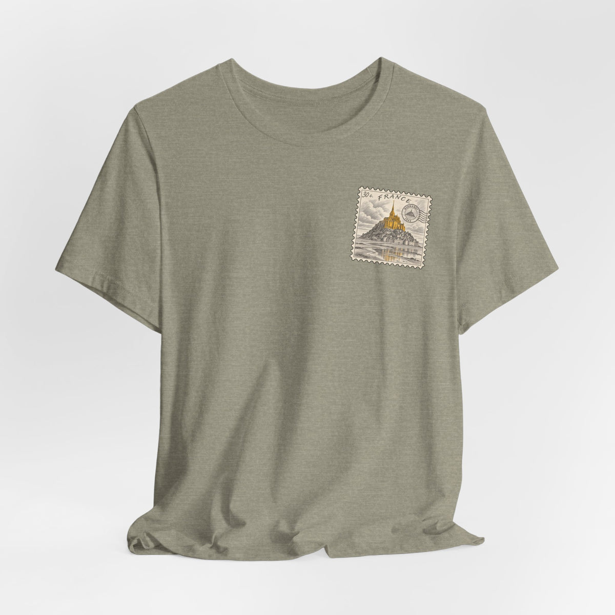 Green heather crew neck T-shirt with small postage-stamp style Mont Saint-Michel graphic