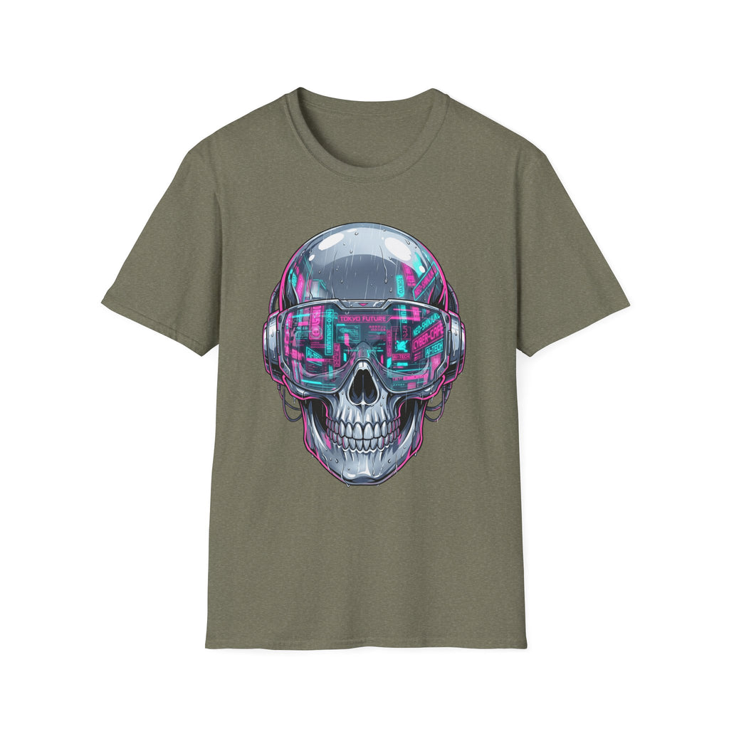 Olive green T-shirt featuring cyberpunk chrome skull with neon visor graphic