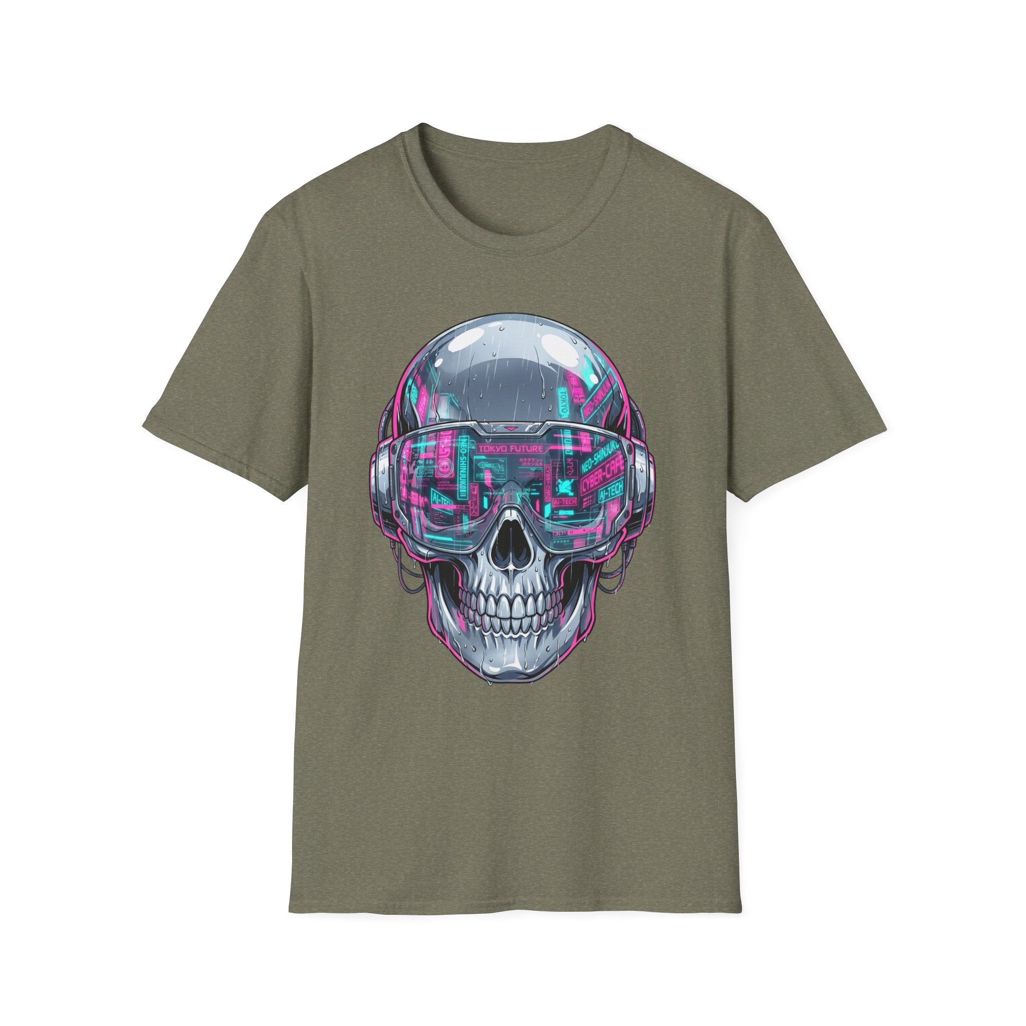 Olive green T-shirt featuring cyberpunk chrome skull with neon visor graphic