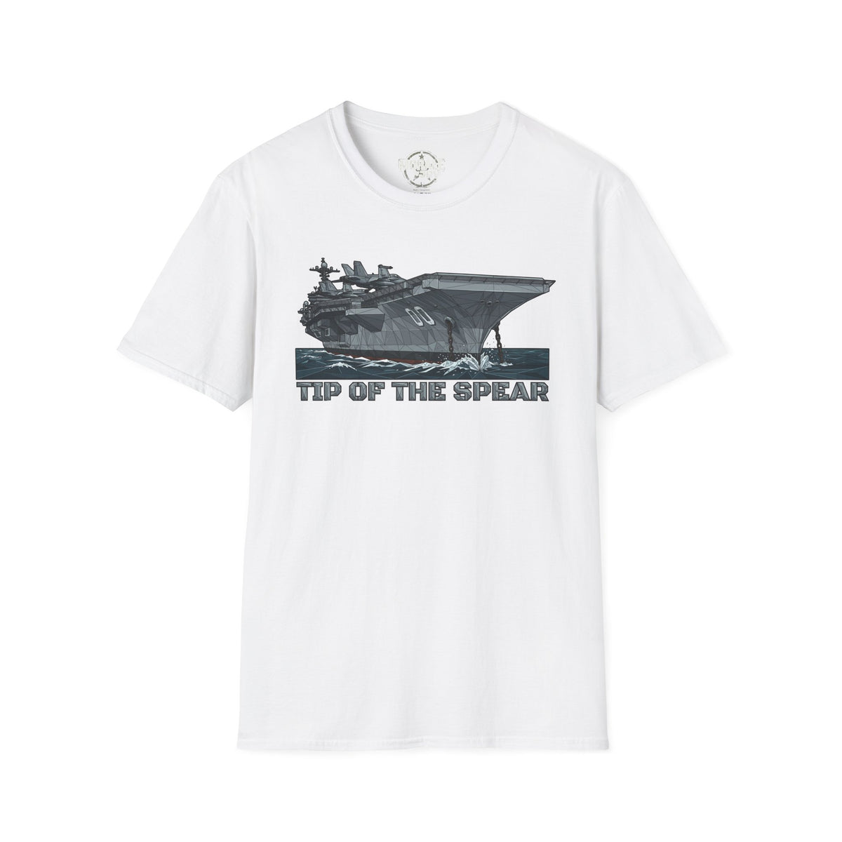 White crew-neck T-shirt, front view, with aircraft carrier graphic and "TIP OF THE SPEAR" print