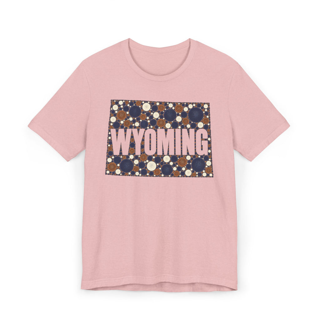 Pink crew-neck T-shirt with Wyoming polka-dot map graphic and WYOMING text