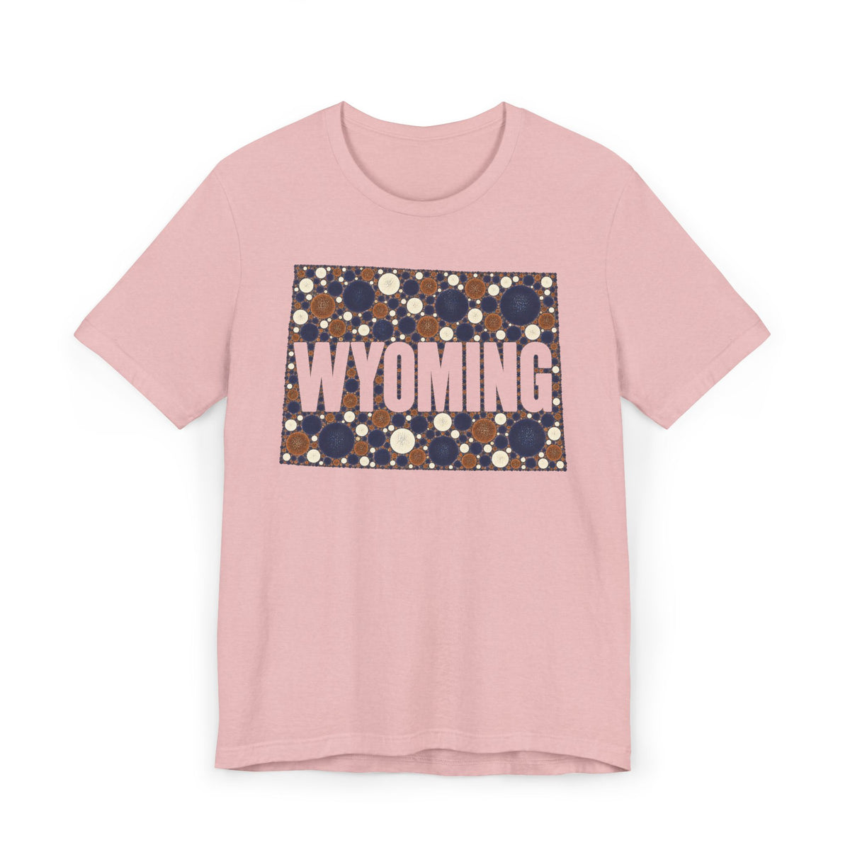 Pink crew-neck T-shirt with Wyoming polka-dot map graphic and WYOMING text