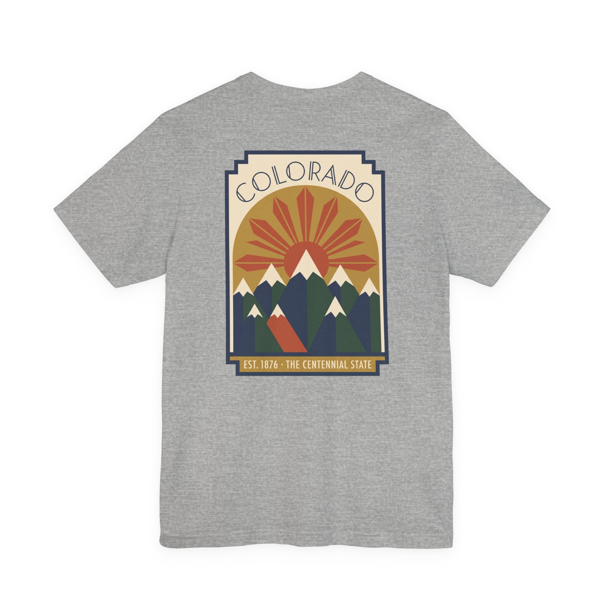 Heather gray T-shirt with Colorado sunset mountain graphic front print