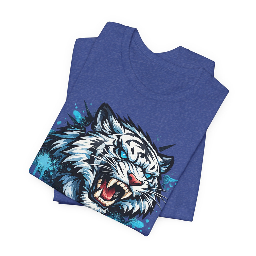 Blue heather T-shirt with roaring tiger head graphic with blue splash effect