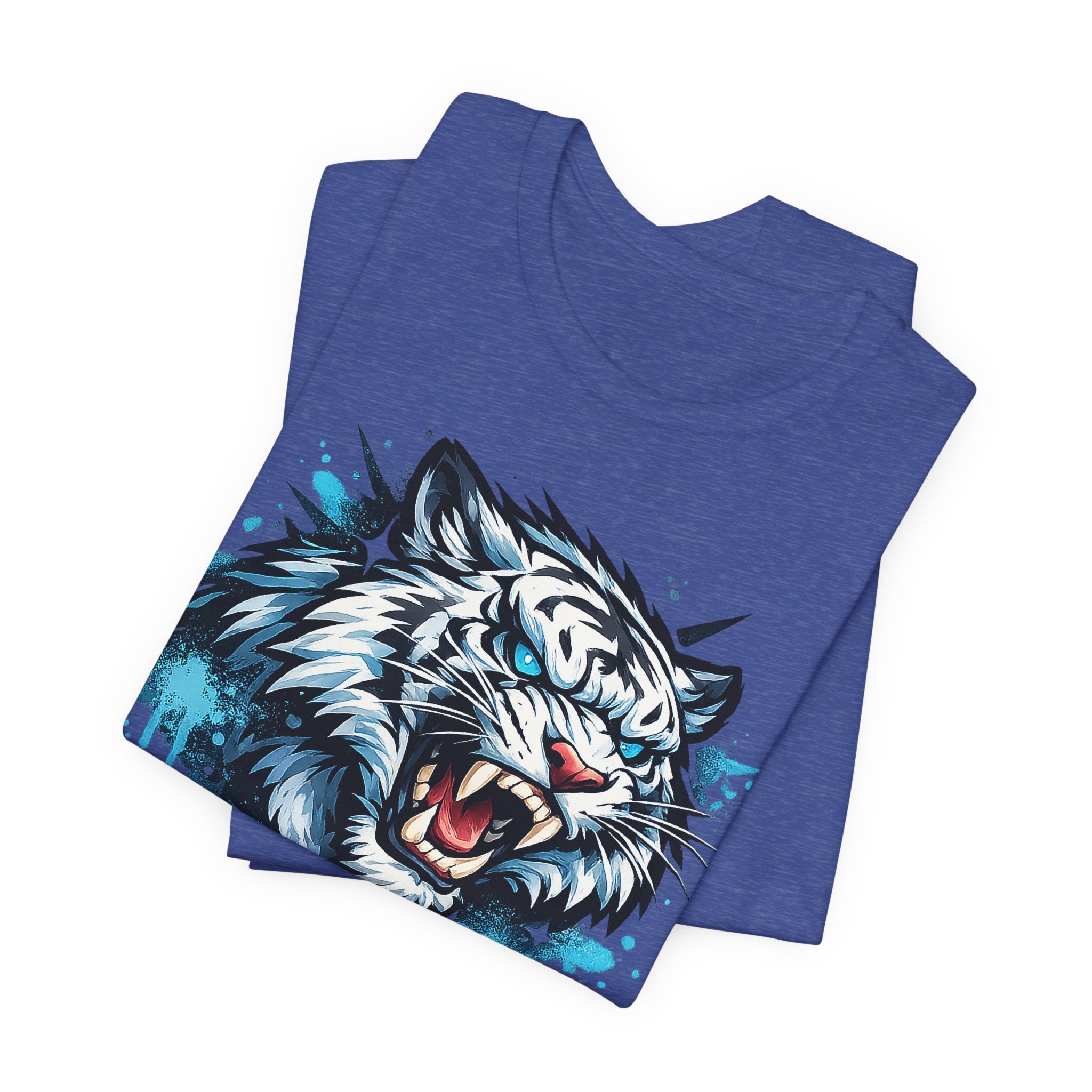 Blue heather T-shirt with roaring tiger head graphic with blue splash effect