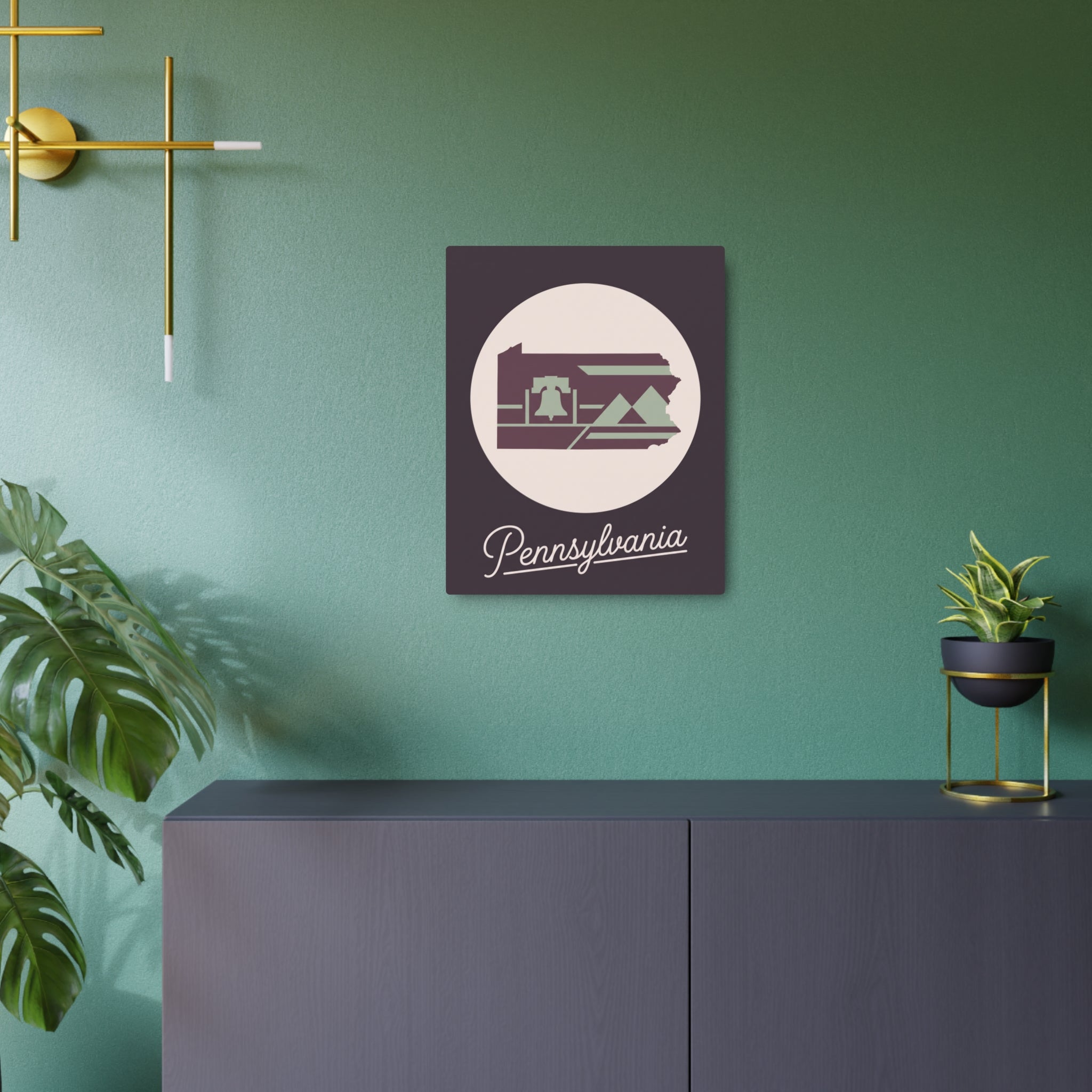 Mauve square Pennsylvania metal wall art sign with skyline graphic and cursive wordmark