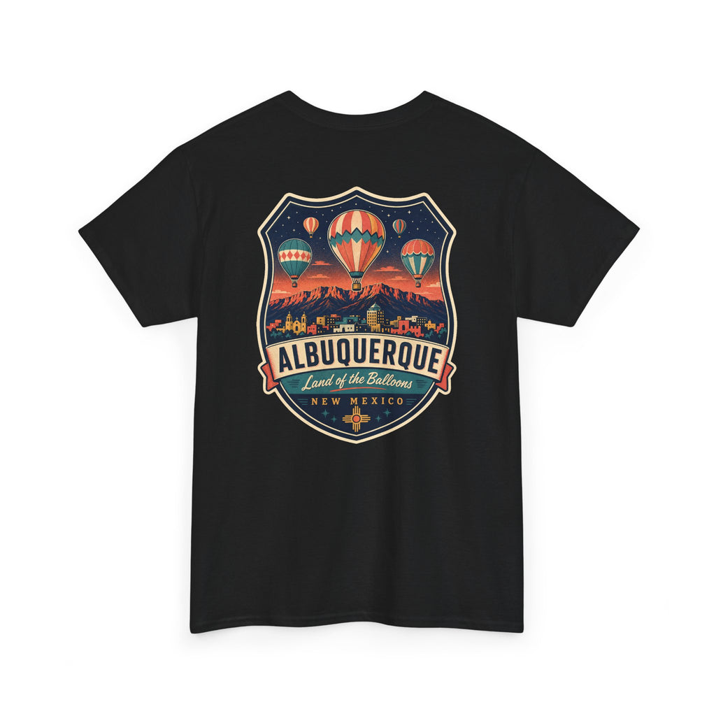 Black T-shirt with Albuquerque hot air balloon badge graphic on chest