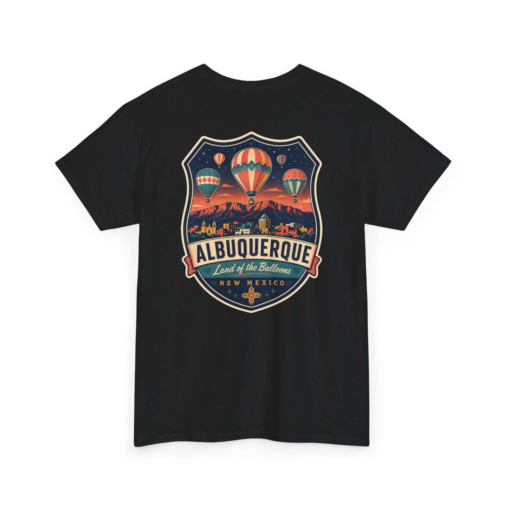 Black T-shirt with Albuquerque hot air balloon badge graphic on chest