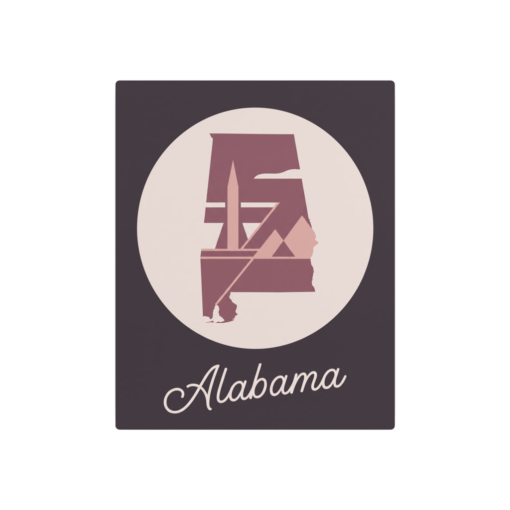 Metal wall art sign, mauve Alabama silhouette with “Alabama” script on dark square