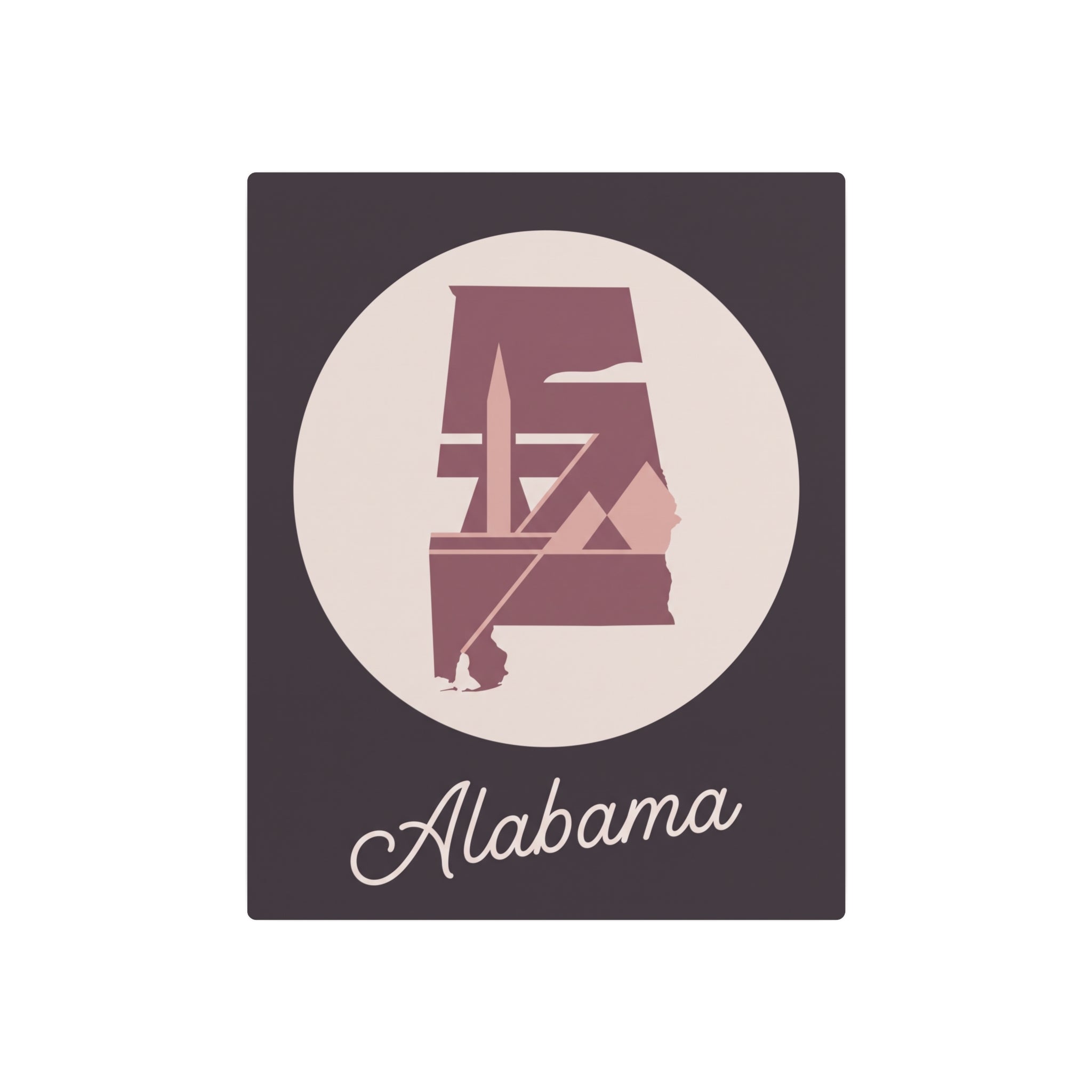 Metal wall art sign, mauve Alabama silhouette with “Alabama” script on dark square