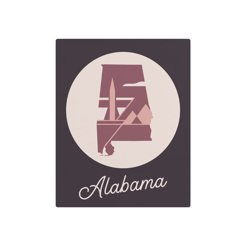 Metal wall art sign, mauve Alabama silhouette with “Alabama” script on dark square