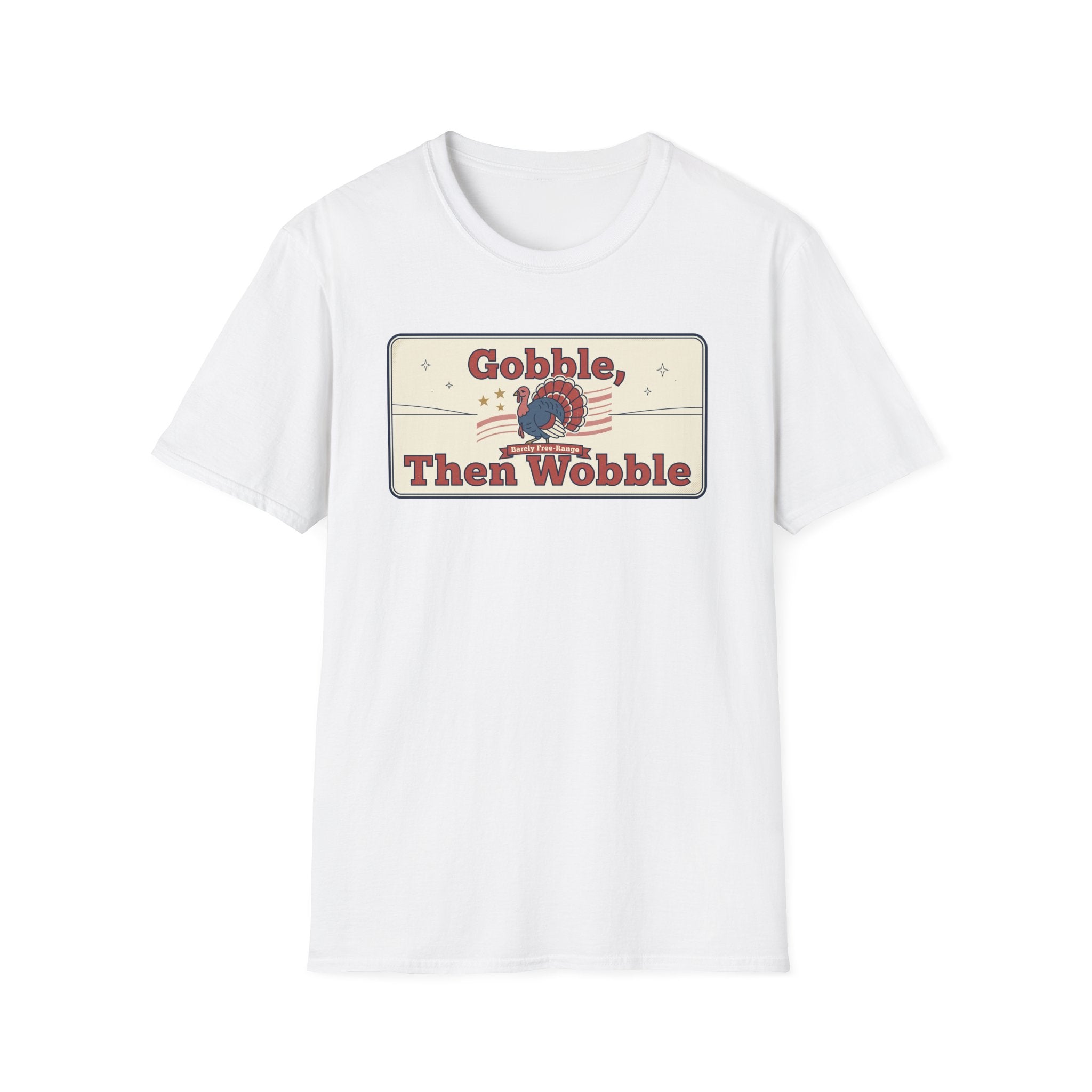 White T-shirt with retro turkey “Gobble Then Wobble” graphic front