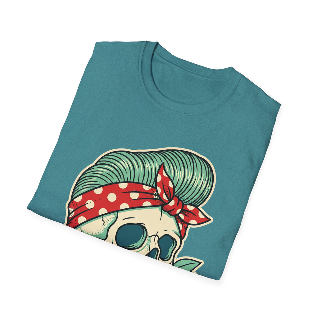 Teal T-shirt with vintage skull and cherry bandana graphic on front