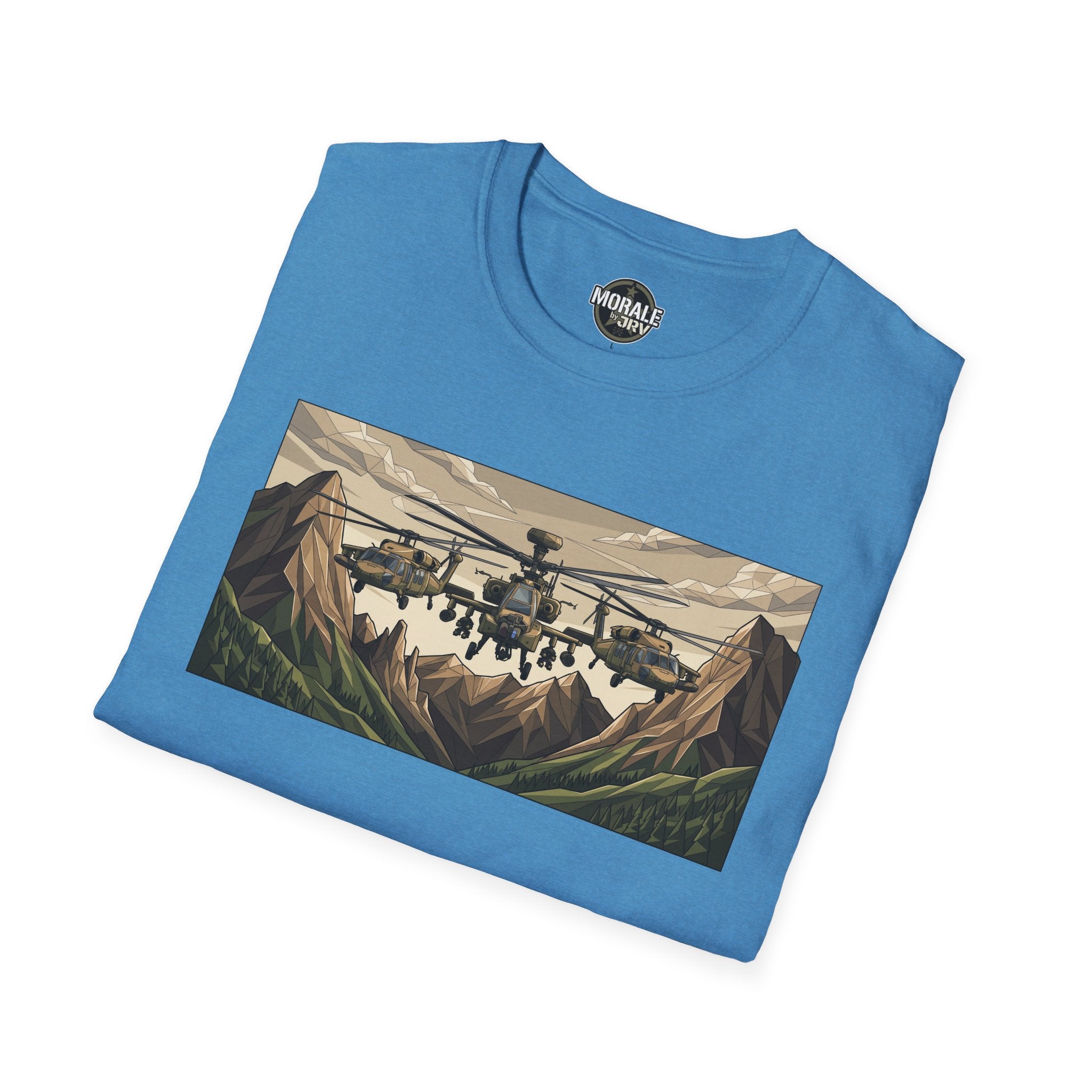 Light blue T-shirt with helicopter and mountain landscape graphic across chest.