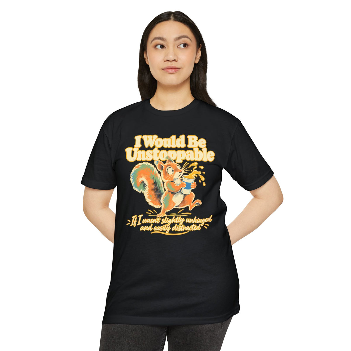 Black crewneck T-shirt with squirrel graphic print on the front