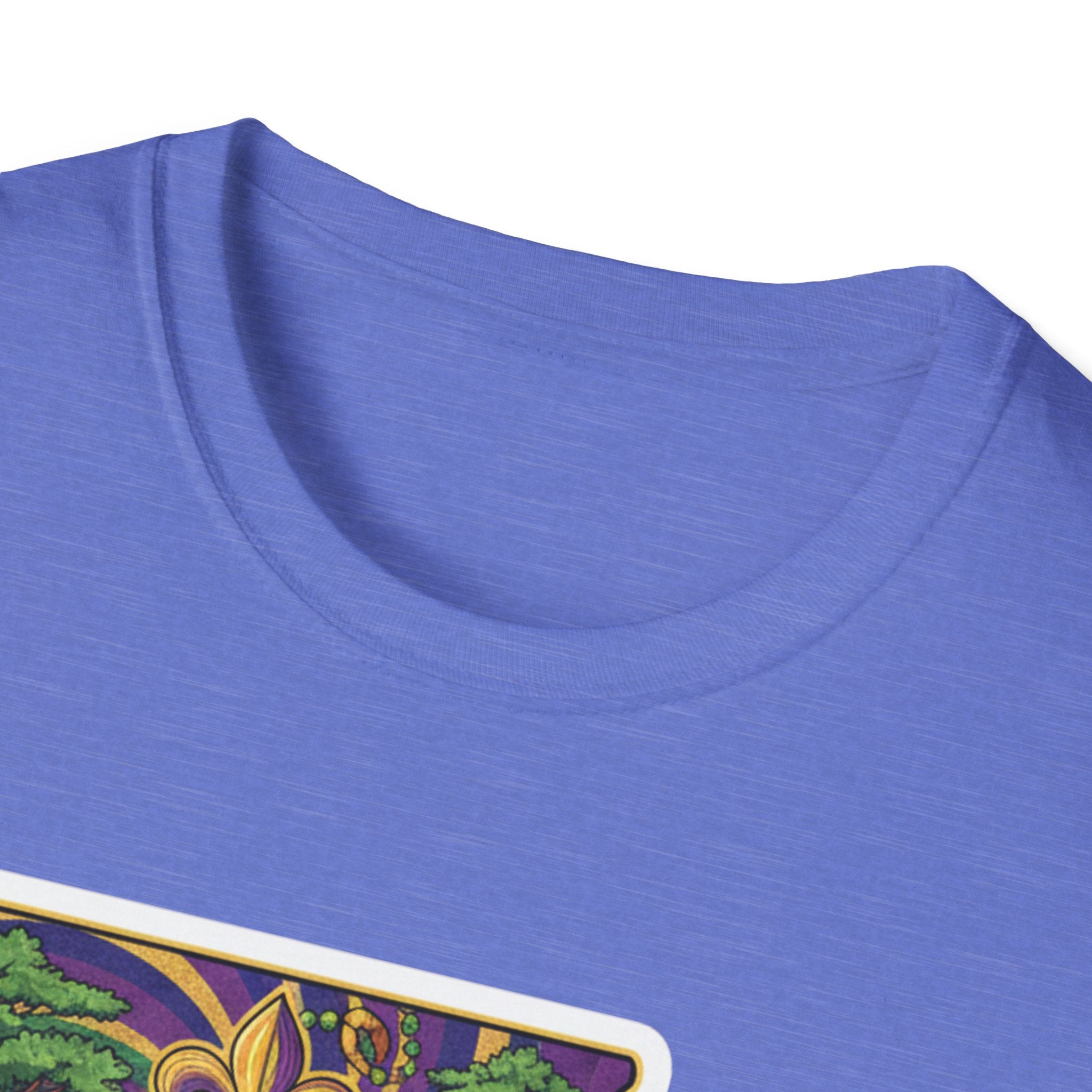 Lavender purple T-shirt neckline with partial Louisiana Mardi Gras artwork