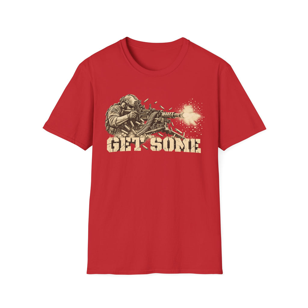 Red crewneck T-shirt with vintage soldier and machine gun graphic in gold and white
