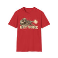 Red crewneck T-shirt with vintage soldier and machine gun graphic in gold and white