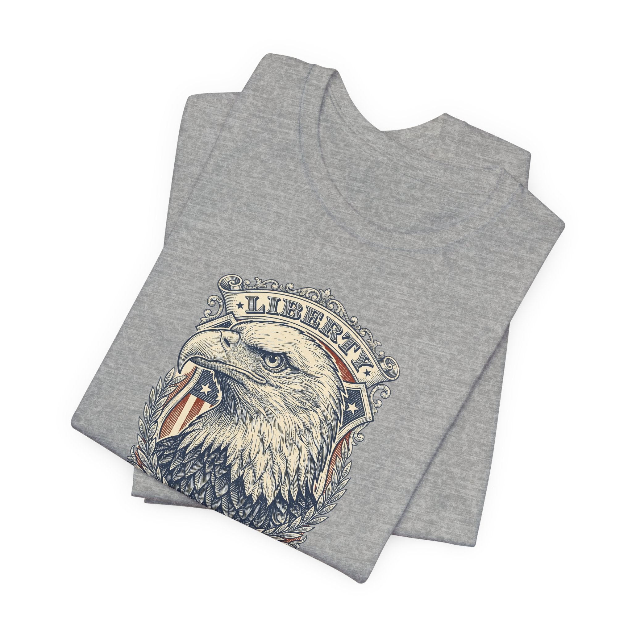 Dark gray heather crewneck tee with bald eagle head graphic print