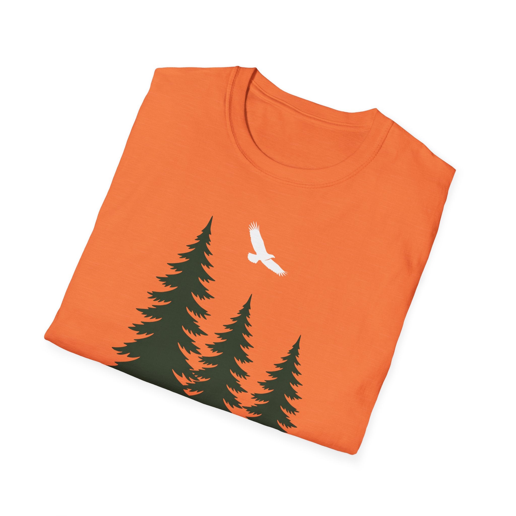 Orange T-shirt, pine trees and soaring bird graphic on front