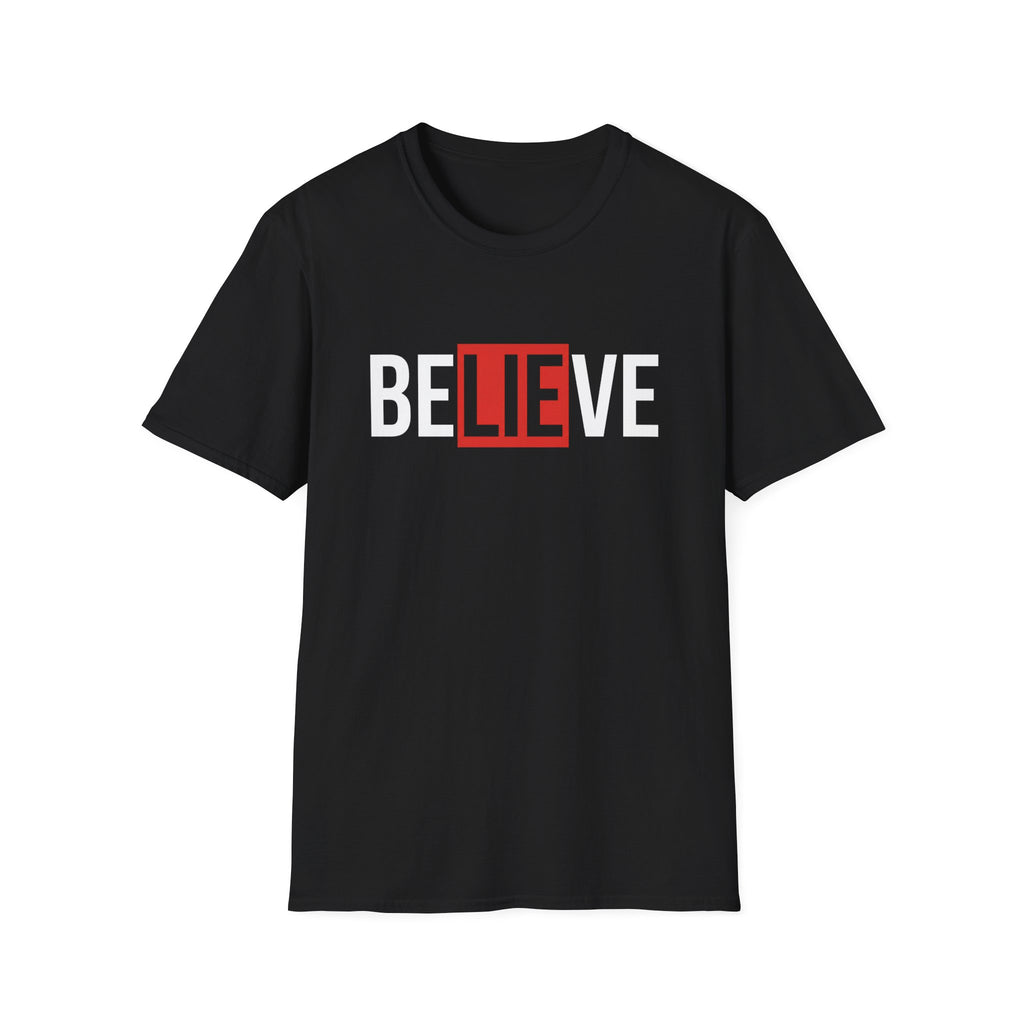 Black statement tee with bold 'BELIEVE' text graphic in red and white