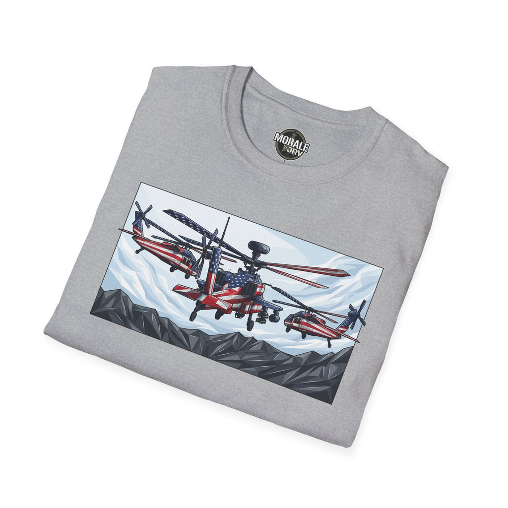Heather gray T-shirt with attack helicopter graphic across chest