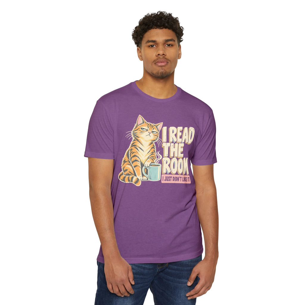 Purple cat graphic T-shirt with “I read the room” text on front.
