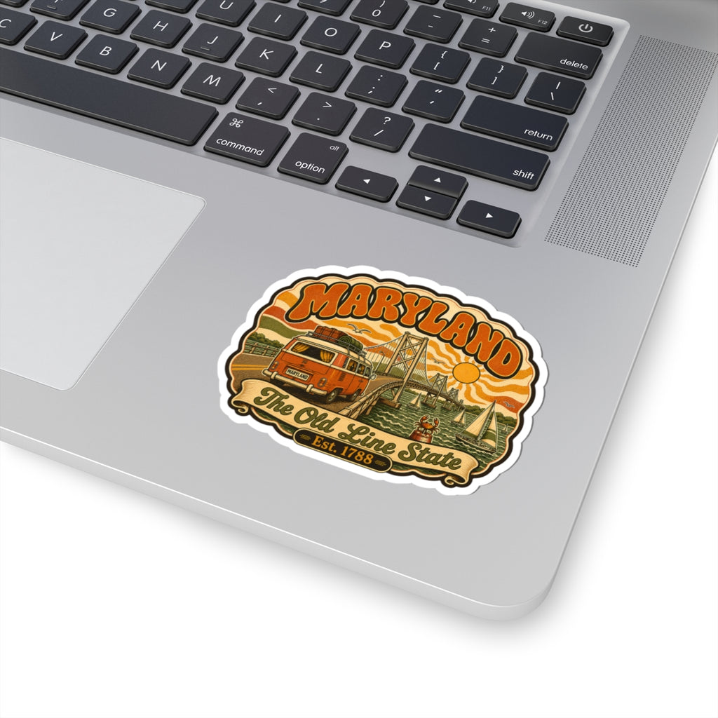 Maryland retro van and bridge sticker on laptop trackpad, kiss-cut white outline