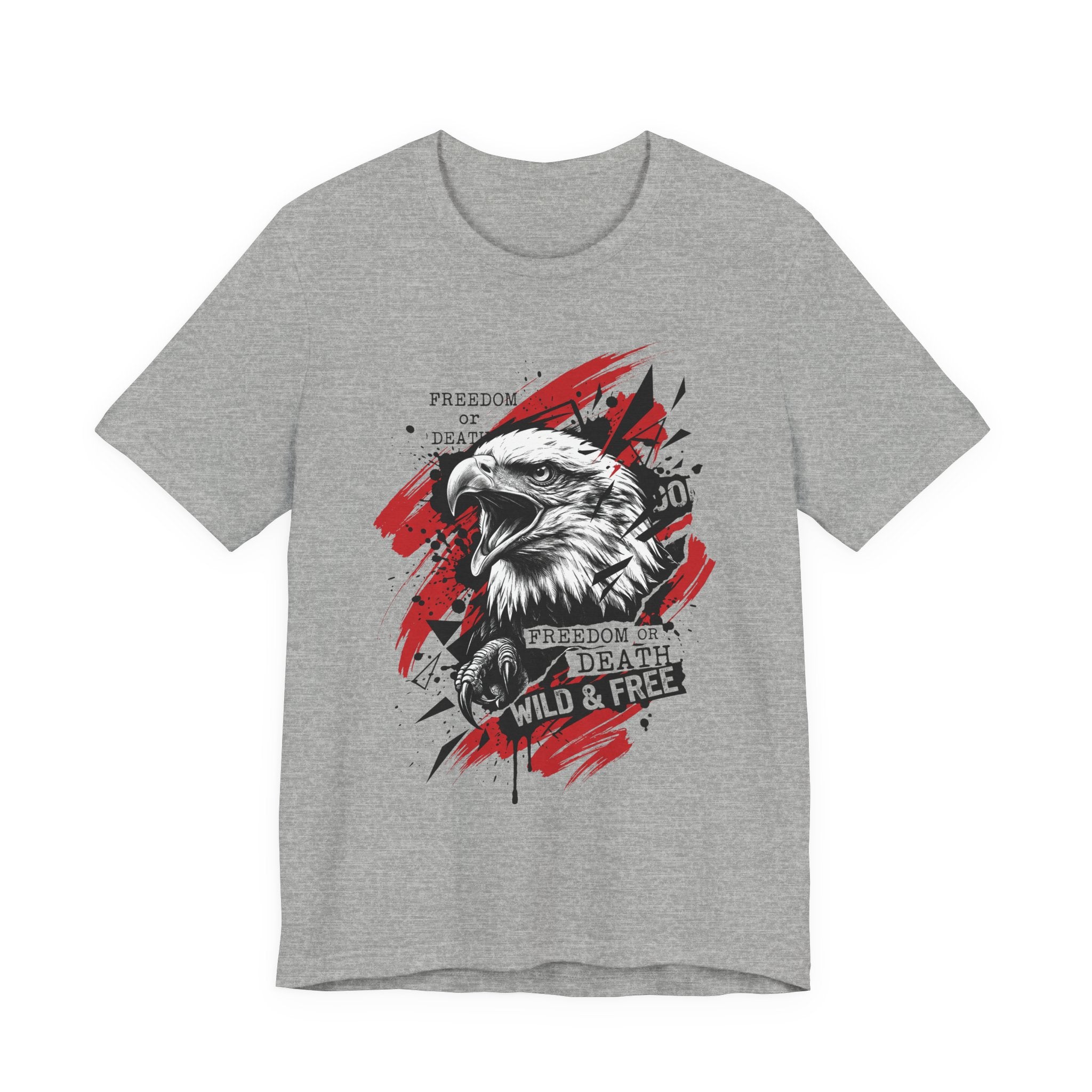 Gray eagle graphic T-shirt with red splatter circle and front eagle head print