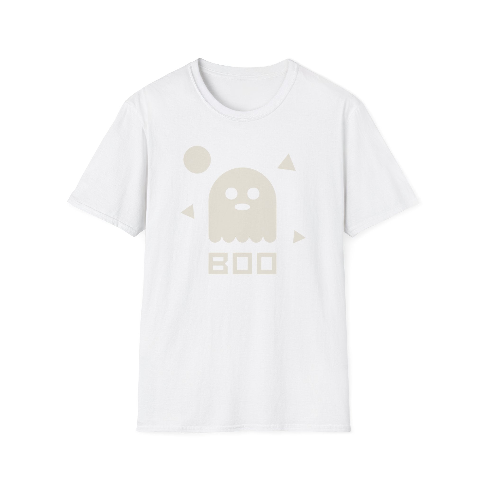 White crewneck T-shirt with ghost and BOO graphic on front
