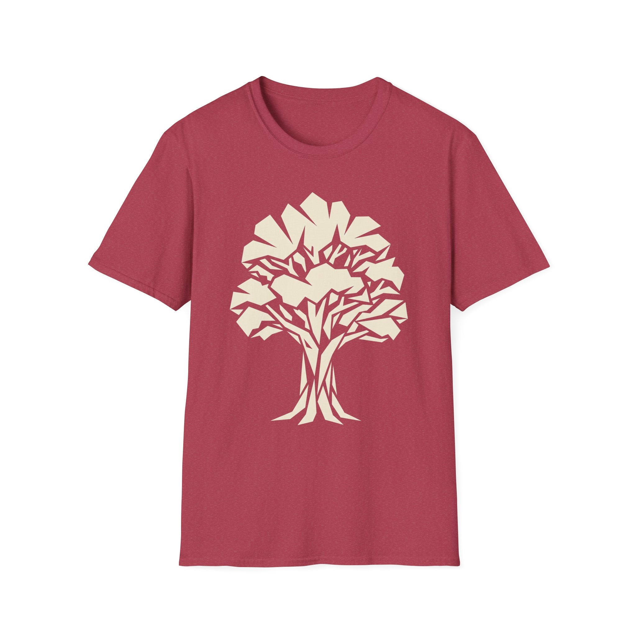Heather red tee with white geometric tree graphic centered on chest