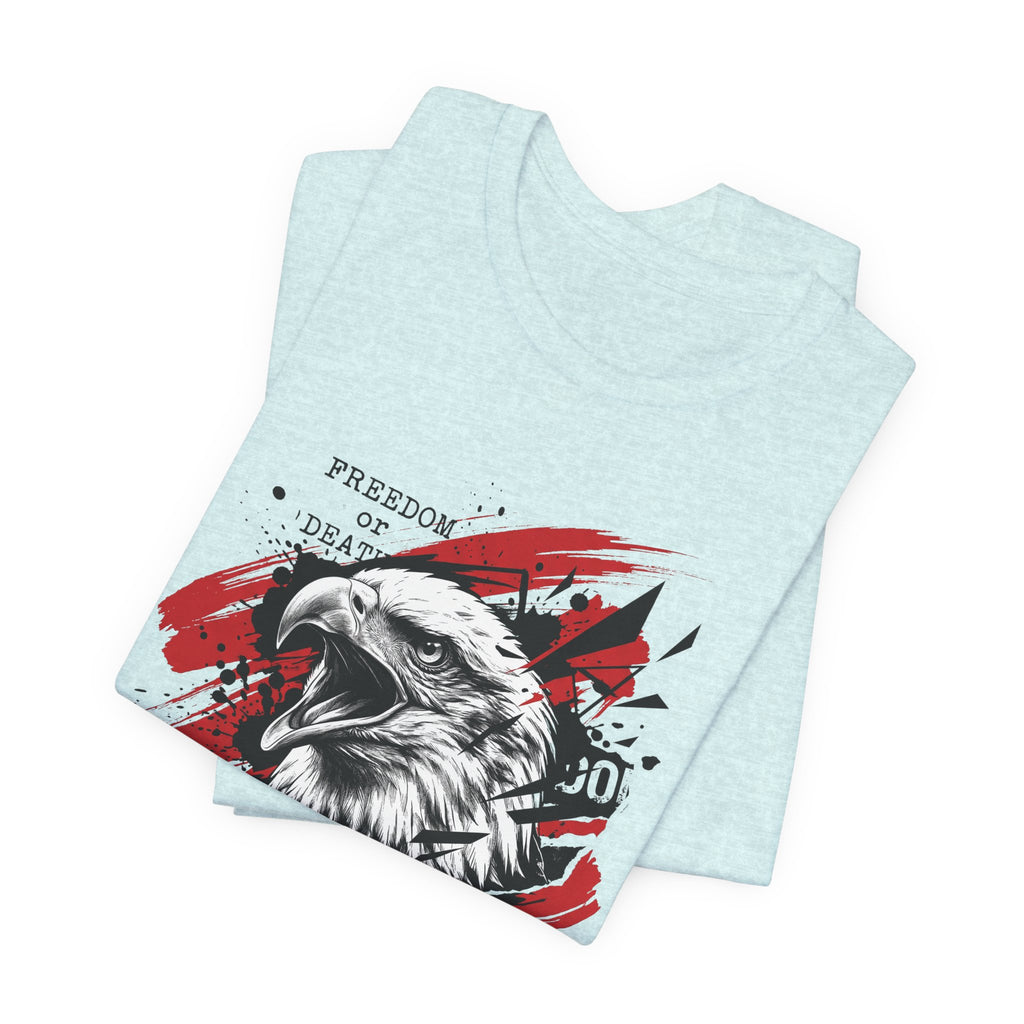 Light blue crewneck t-shirt with red splatter eagle head and slogan graphic