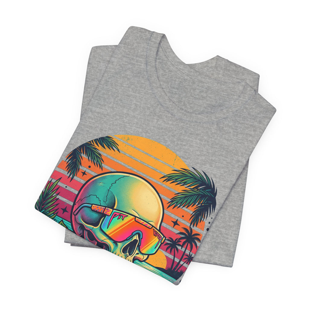 Heather gray T-shirt folded with tropical skull wearing rainbow sunglasses graphic