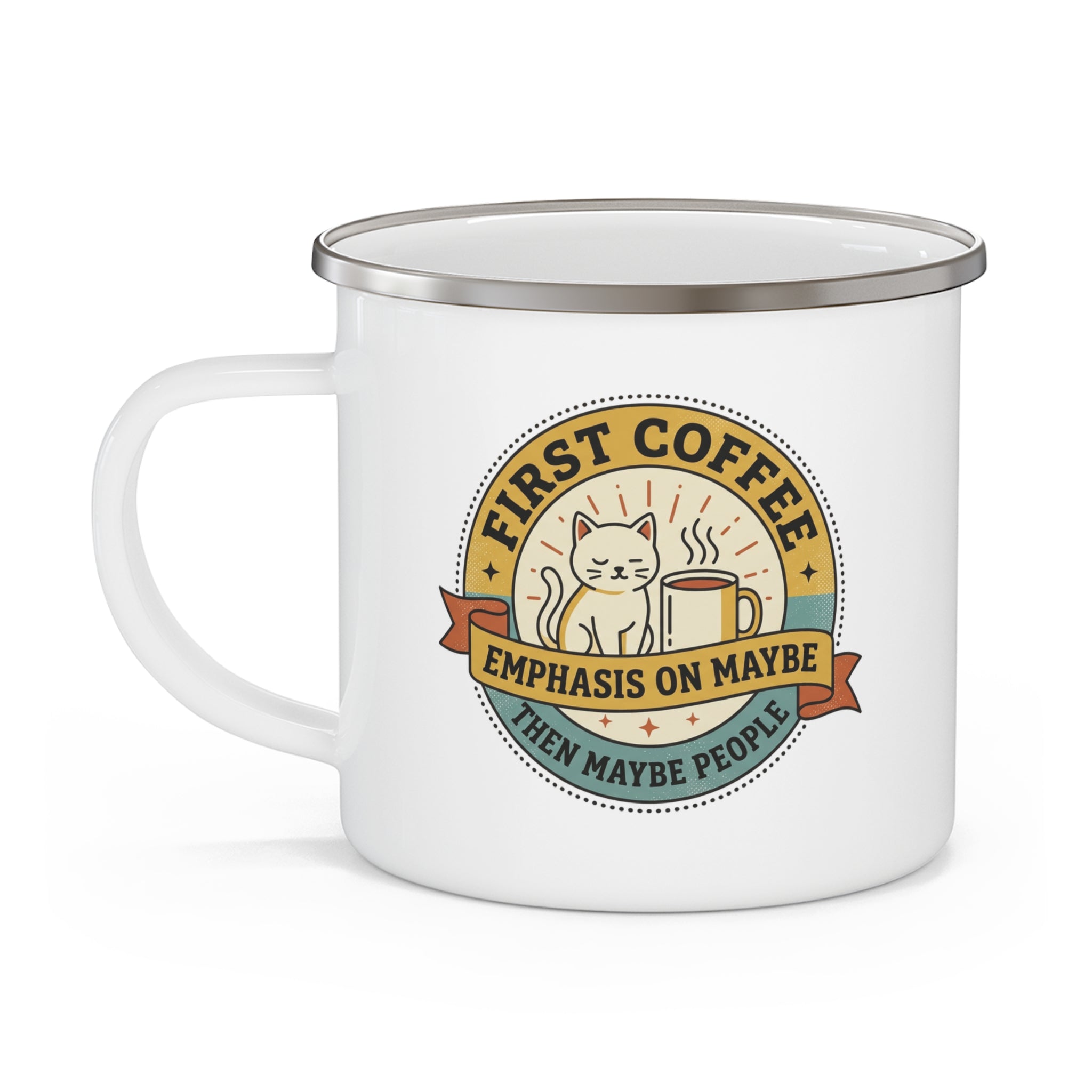 White enamel camping mug, metal rim, cat coffee quote graphic