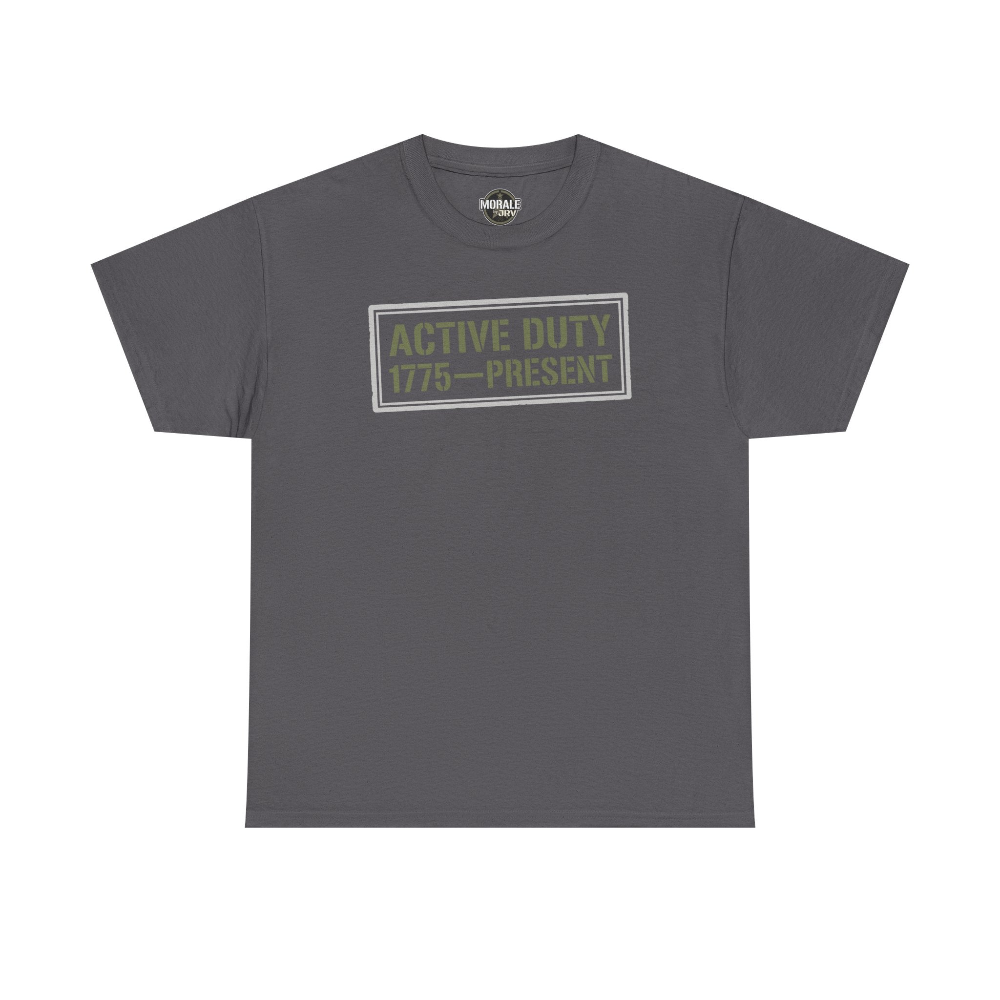 Charcoal crewneck T-shirt with 'ACTIVE DUTY 1775–PRESENT' front print