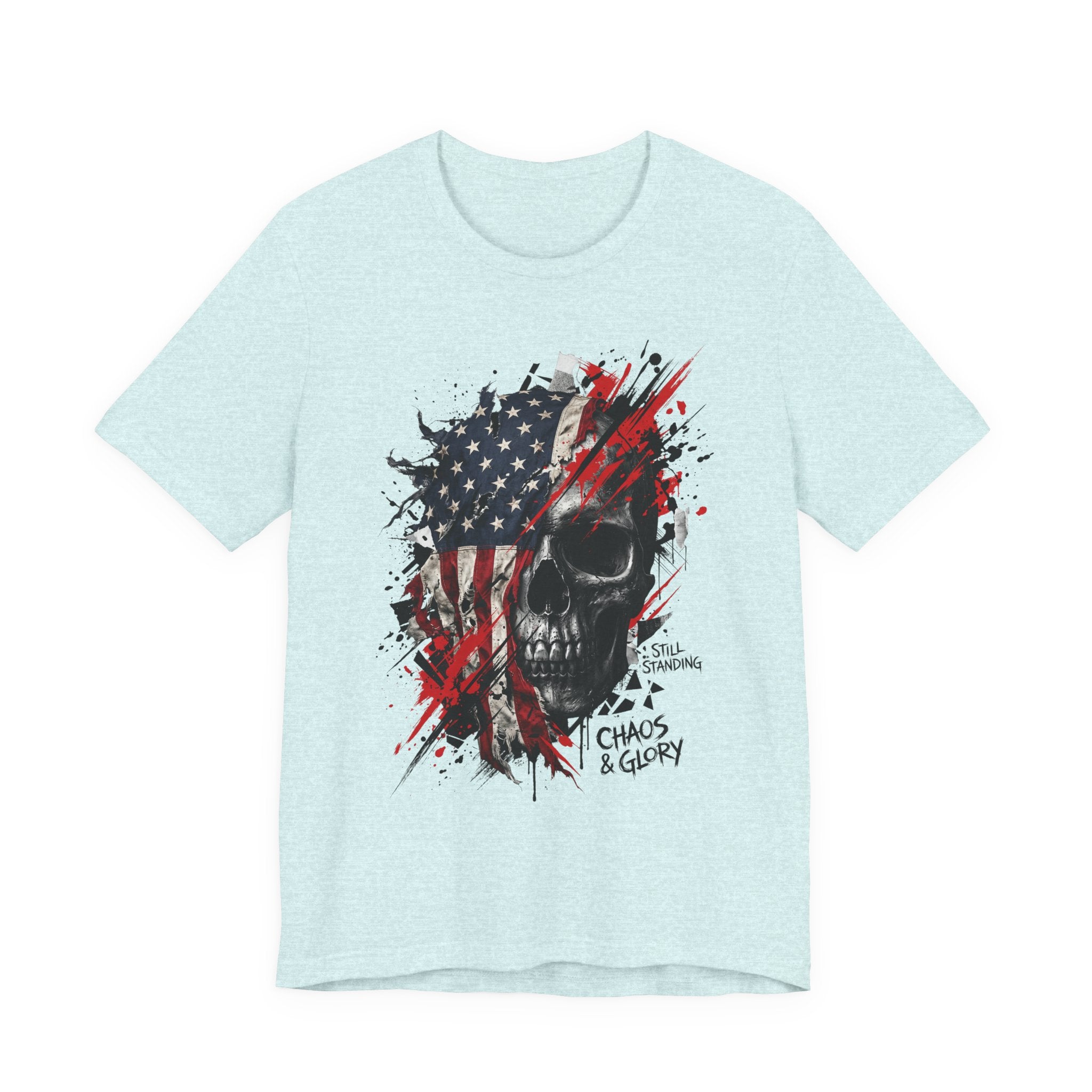Light blue skull graphic T-shirt with American flag panel, red splatter, Chaos & Glory print