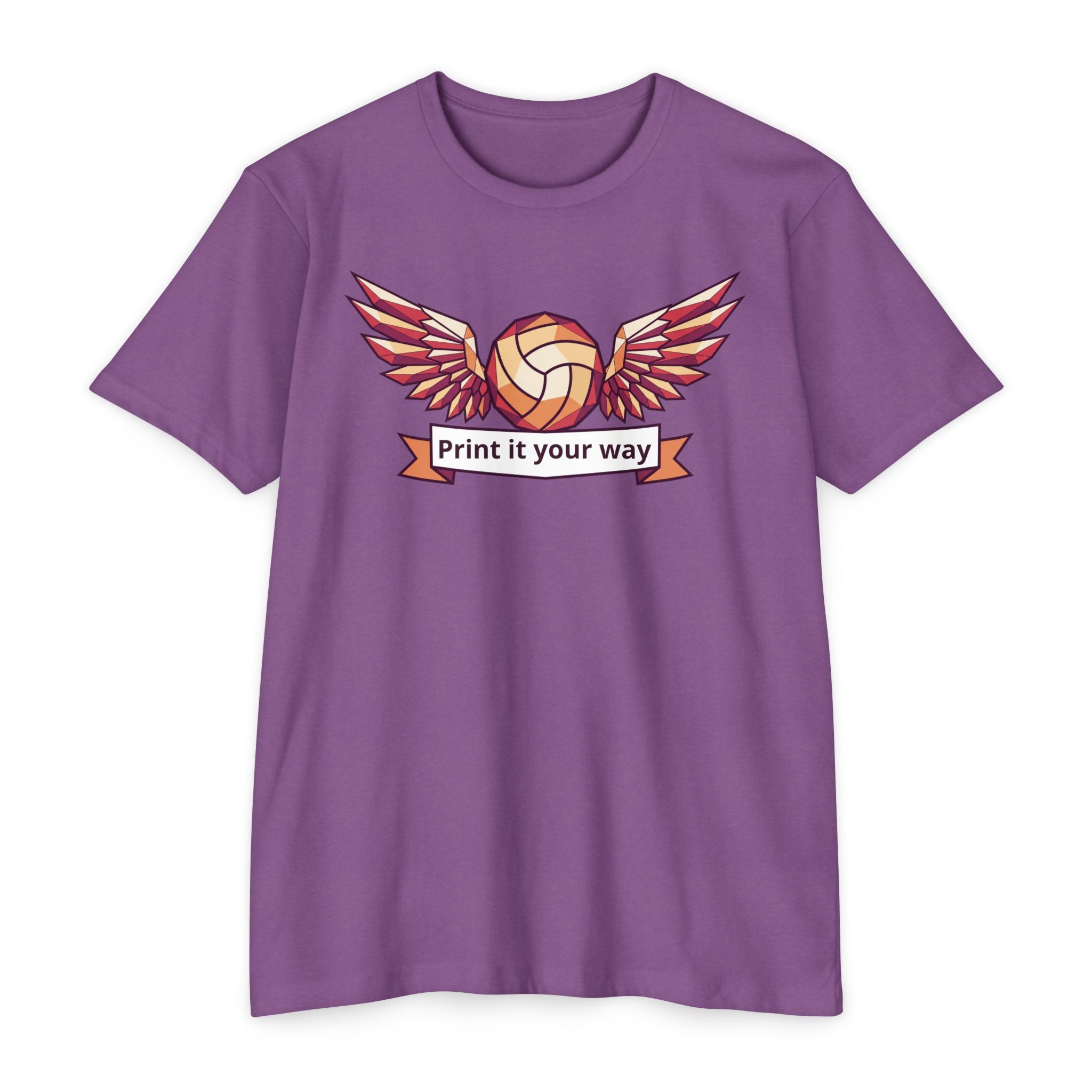 Lavender unisex volleyball graphic T-shirt with winged ball emblem on front