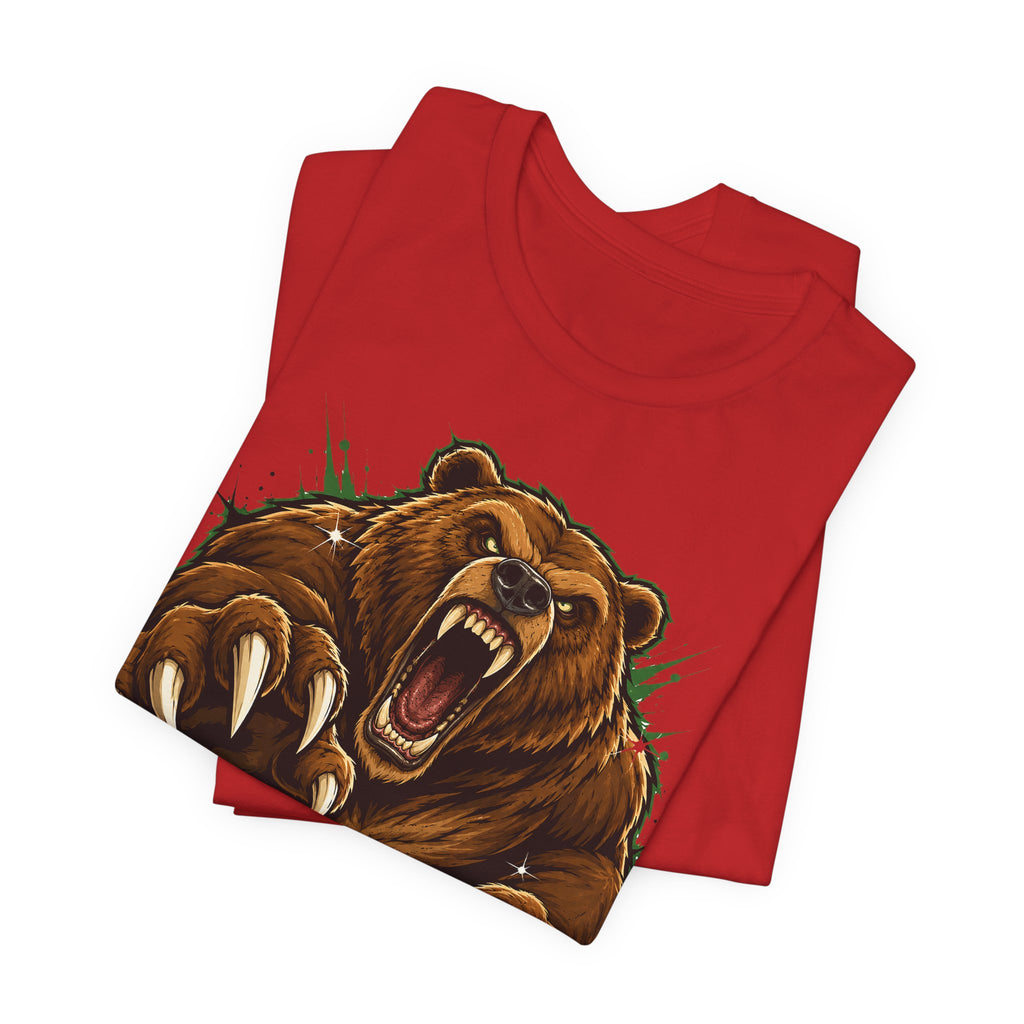 Red unisex tee pair featuring grizzly bear roar graphic on one shirt