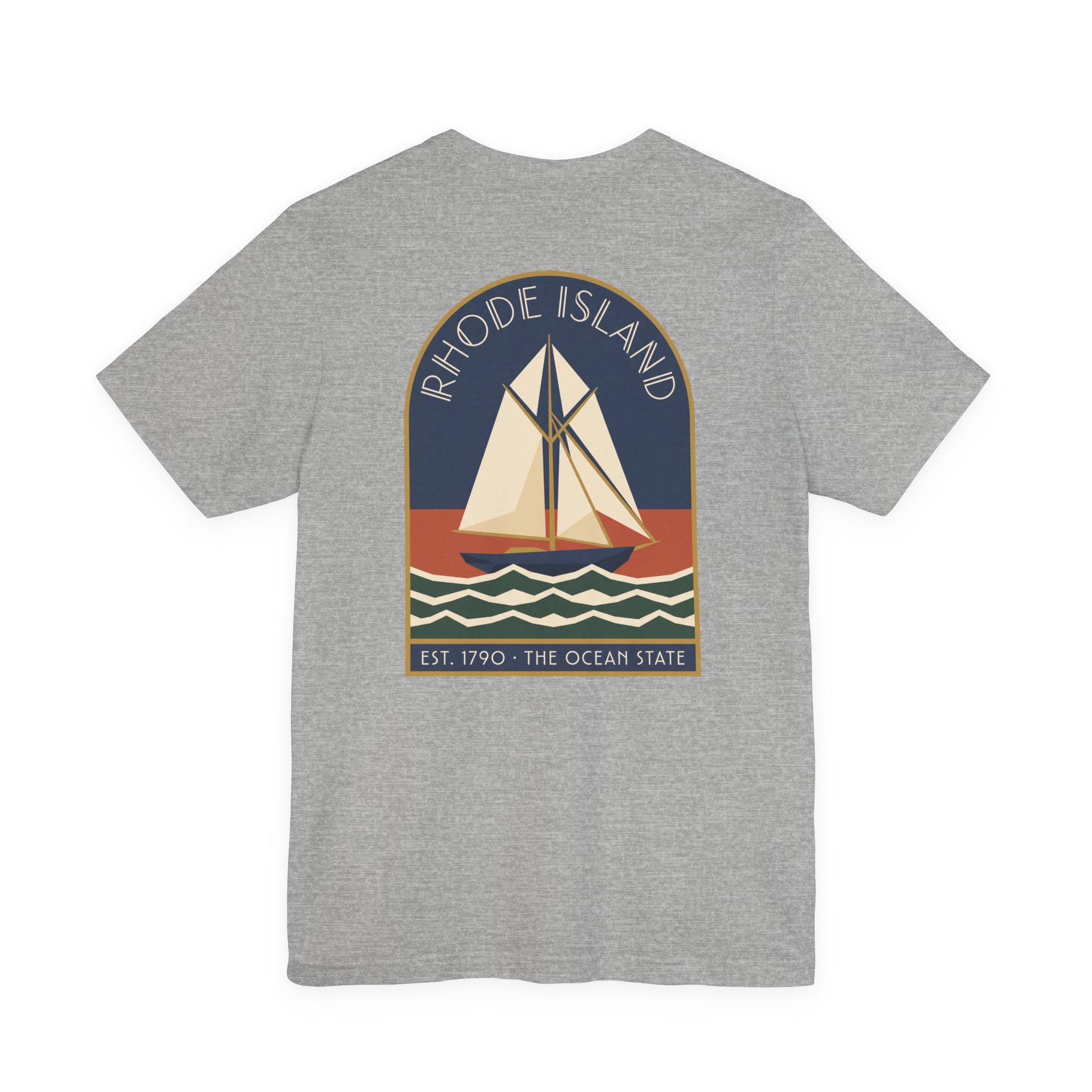 Heather grey t-shirt with front circular sailboat graphic and “Rhode Island” text