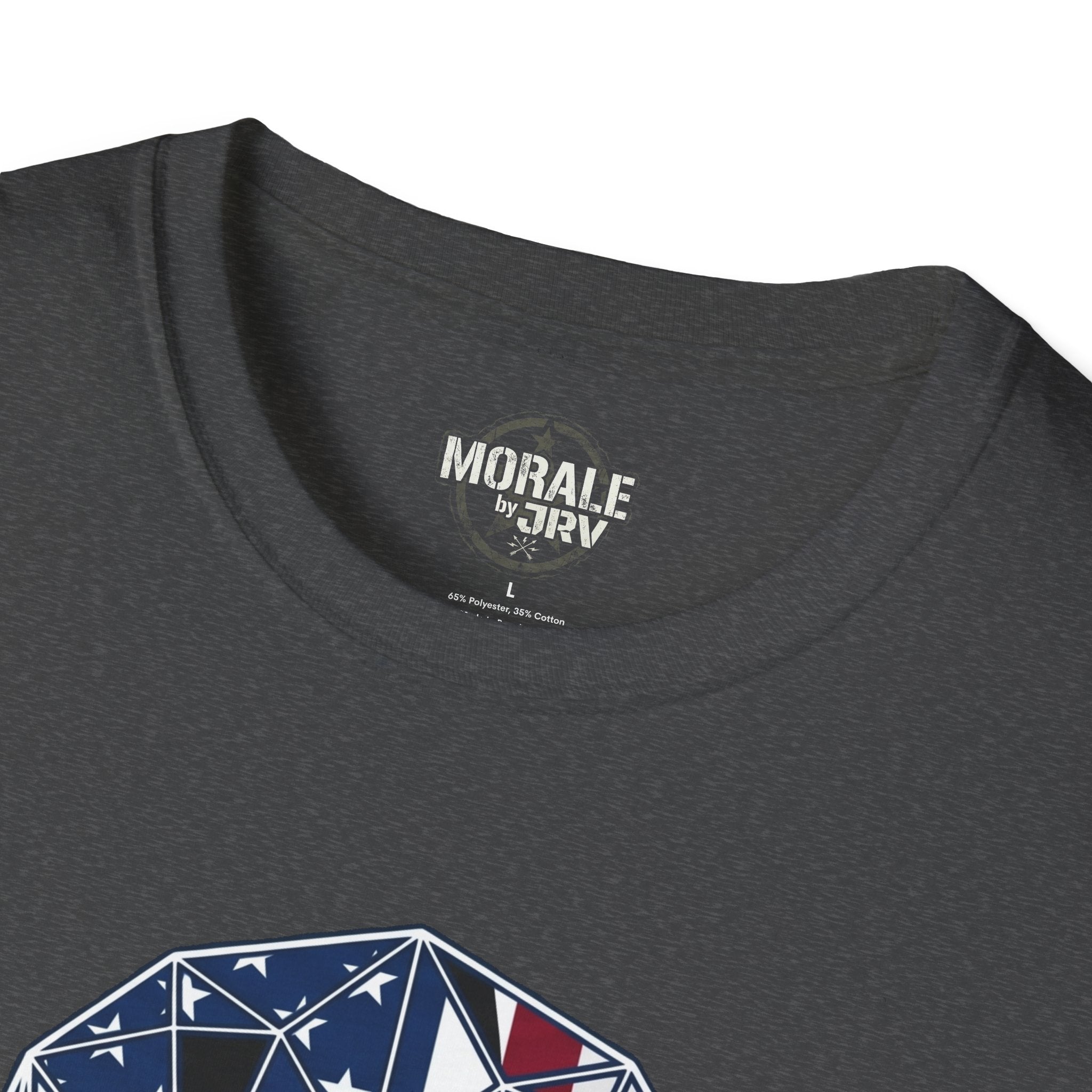 Back of dark heather T-shirt with 'MORALE by JTR' logo