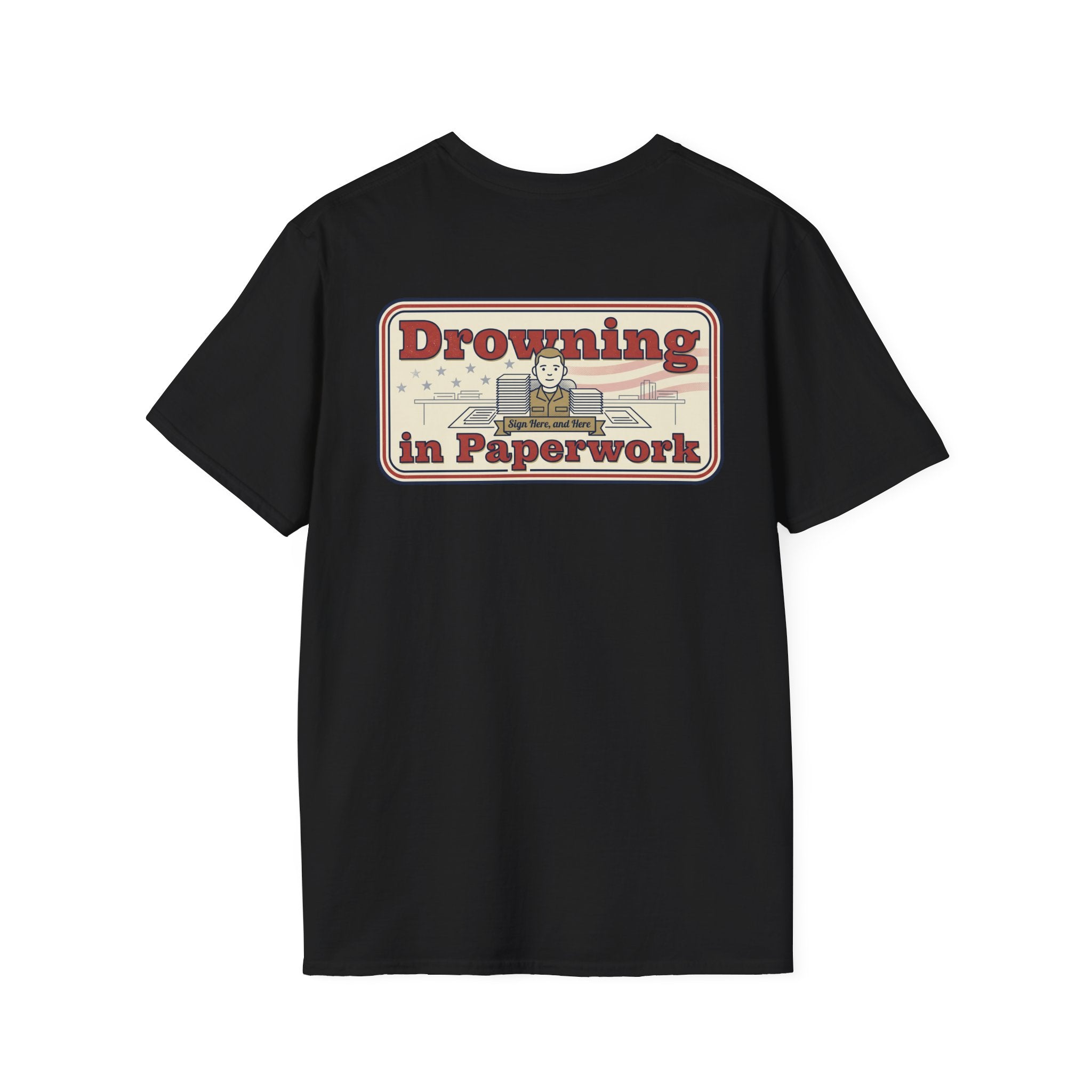 Black crewneck T-shirt with “Drowning in Paperwork” graphic on the back center.