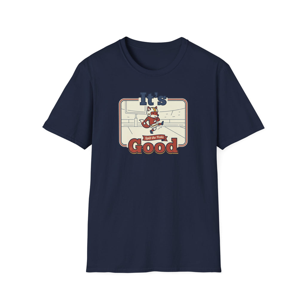 Navy T-shirt with skate fox graphic and 'It’s Good' text centered on front