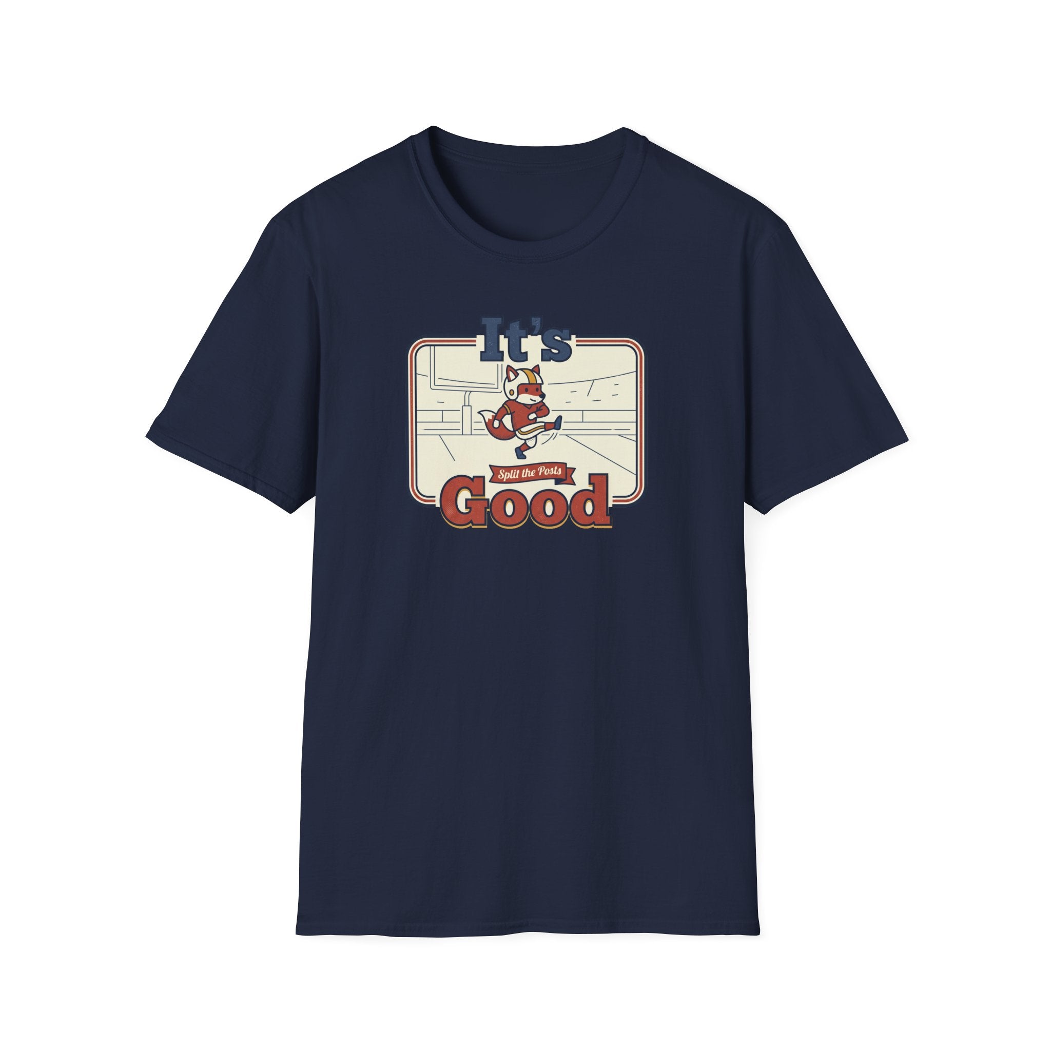 Navy T-shirt with skate fox graphic and 'It’s Good' text centered on front
