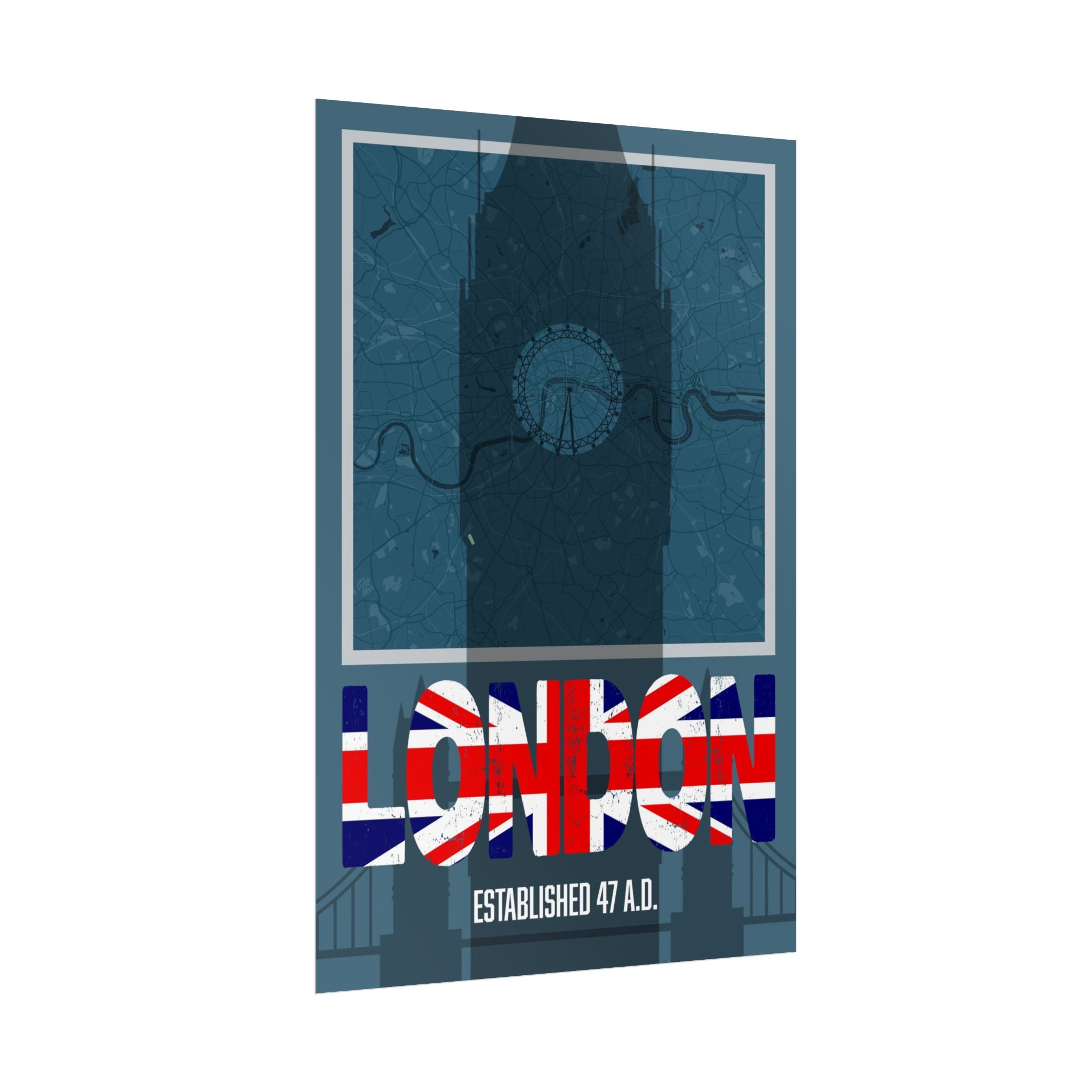 London Shadow Art Poster komplett: Union-Jack LONDON Schriftzug, darunter „ESTABLISHED 47 A.D.“