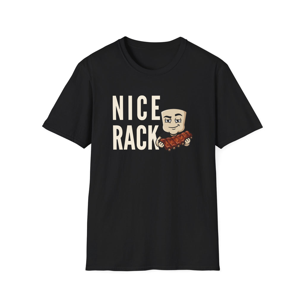 Black T-shirt with 'NICE RACK' graphic and cartoon holding ribs