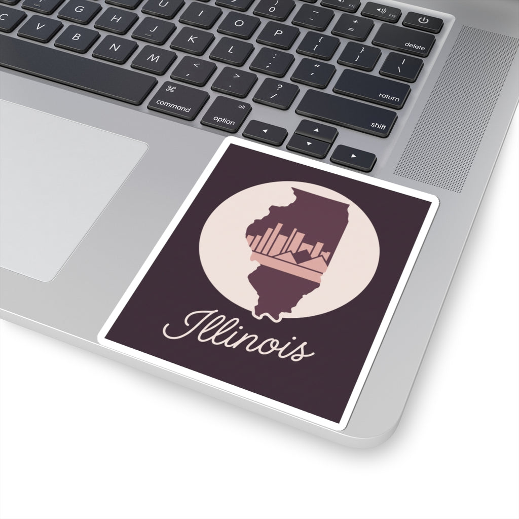 Mauve Illinois state silhouette vinyl decal with white circle and “Illinois” cursive wording