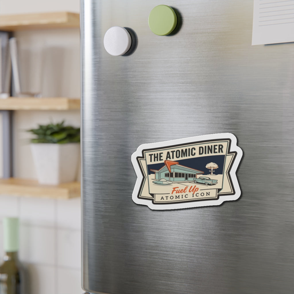 Die-cut refrigerator magnet featuring 'The Atomic Diner' logo and Fuel Up graphic